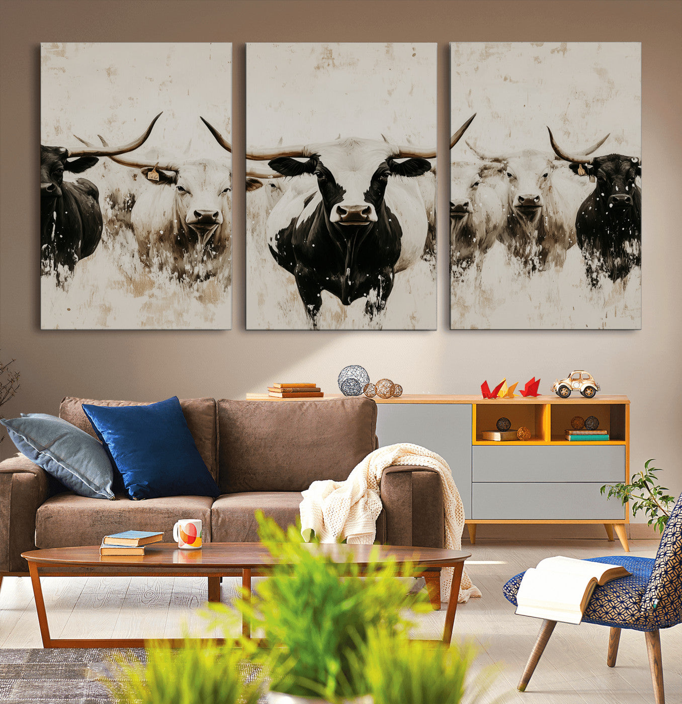 12027562-MGV-CV-36X24-Longhorn Cattle Wall Art Canvas Print, Framed Bison Herd Art Picture Print, Cattle Group Perfect Rustic Farmhouse Decor Artwork
