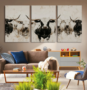 12027562-MGV-CV-36X24-Longhorn Cattle Wall Art Canvas Print, Framed Bison Herd Art Picture Print, Cattle Group Perfect Rustic Farmhouse Decor Artwork