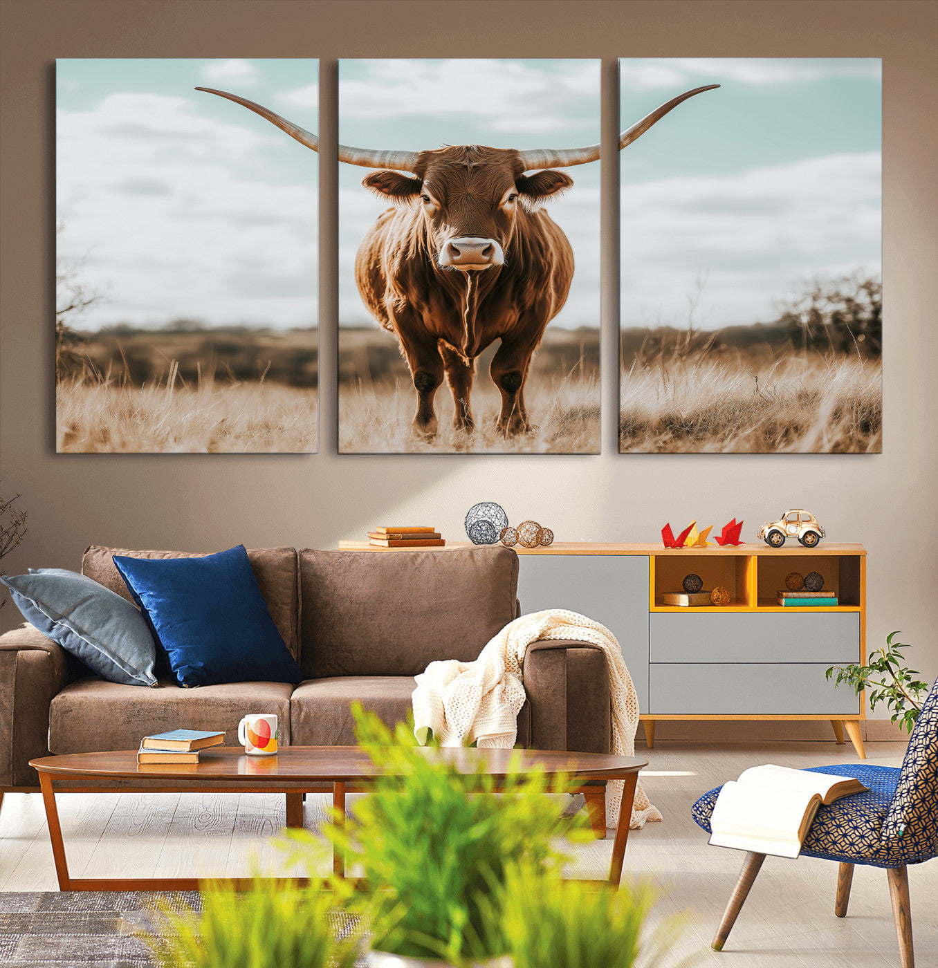 39350715-MGV-CV-36X24-Texas Longhorn Wall Art Canvas Print, Framed Longhorn Cow Art Picture Print, Western Cattle Perfect Rustic Western Decor Artwork
