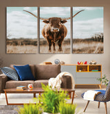 39350715-MGV-CV-36X24-Texas Longhorn Wall Art Canvas Print, Framed Longhorn Cow Art Picture Print, Western Cattle Perfect Rustic Western Decor Artwork