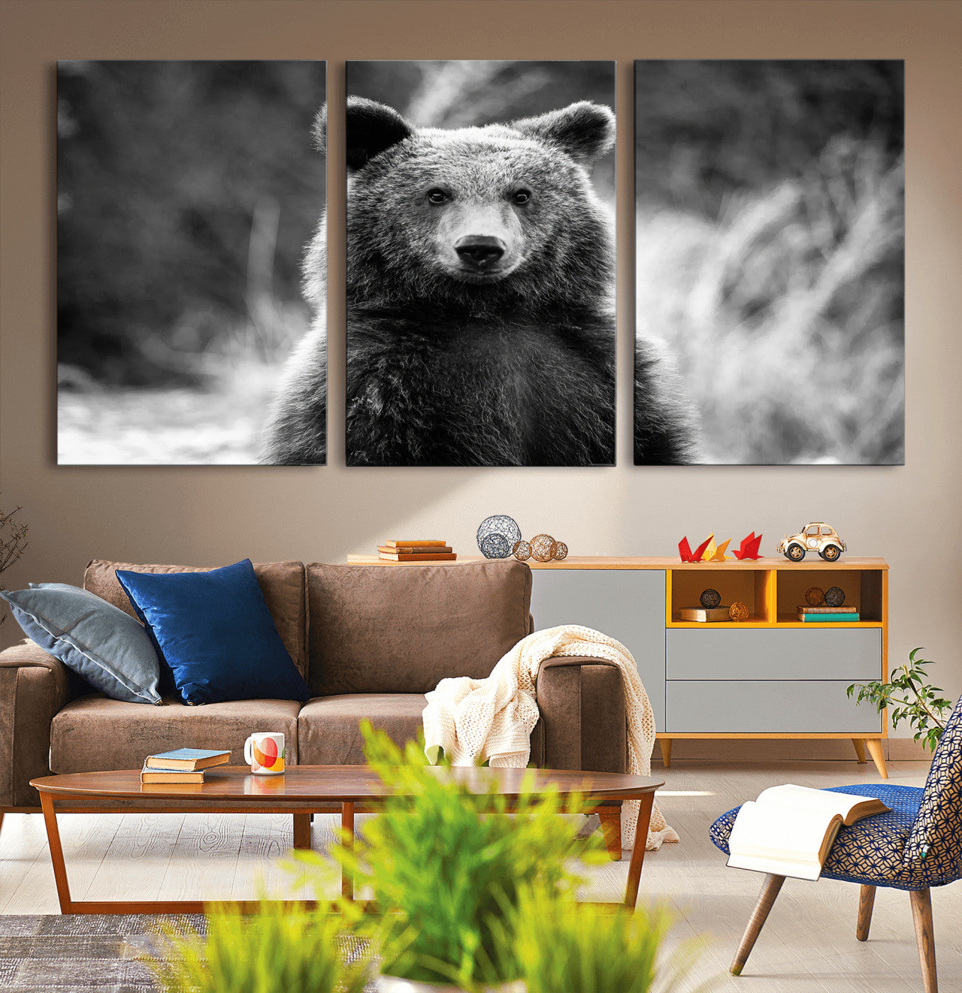MGV-CV-60X30-3P - Grizzly Bear Wall Art Canvas Print, Framed Black White Bear Art Picture Print, Wild Bear Perfect Rustic Wildlife Decor Artwork