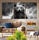 MGV-CV-60X30-3P - Grizzly Bear Wall Art Canvas Print, Framed Black White Bear Art Picture Print, Wild Bear Perfect Rustic Wildlife Decor Artwork