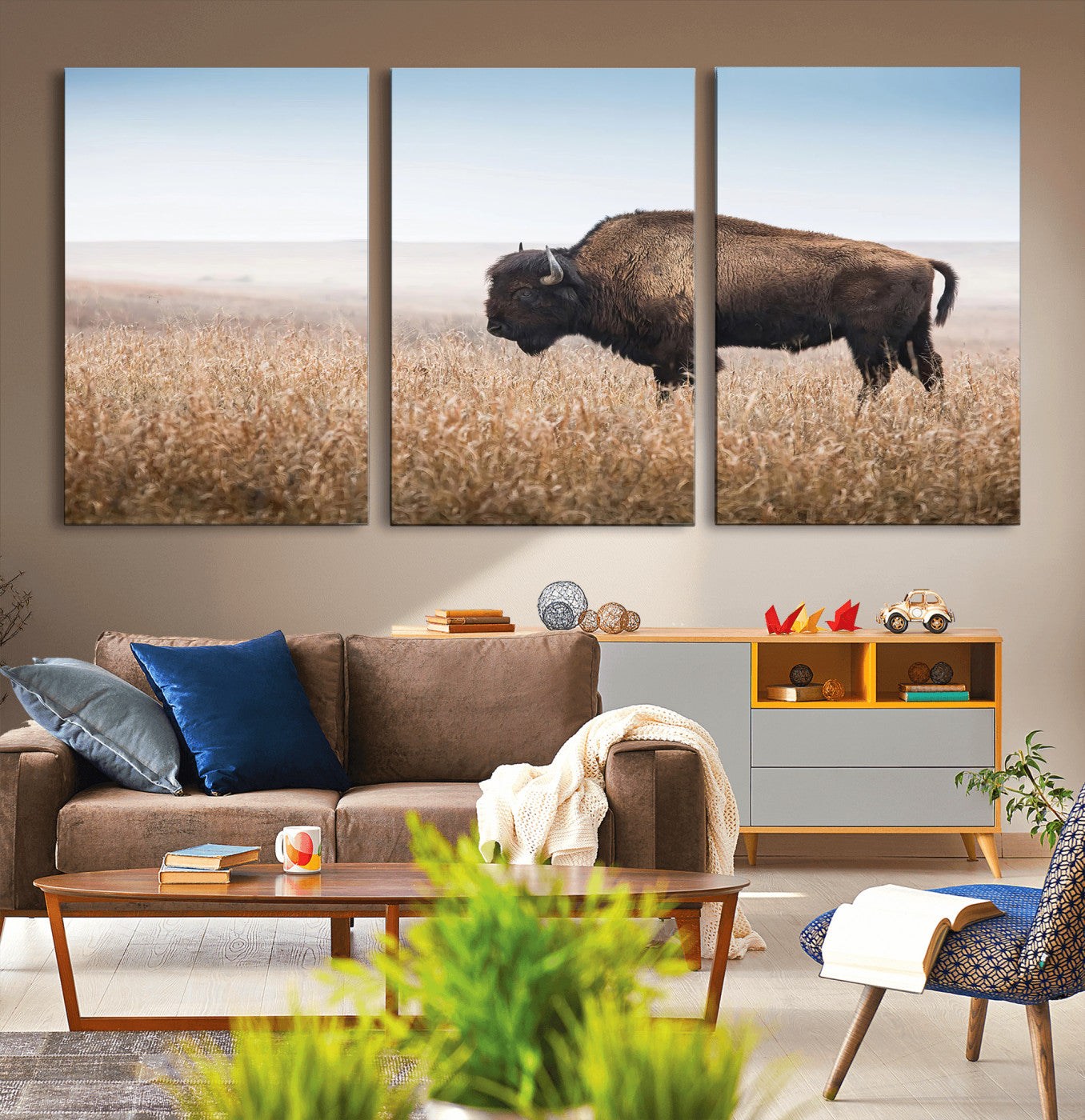 91267849-MGV-CV-36X24-Wild Bison Wall Art Canvas Print, Framed Bison in Prairie Art Picture Print, Rustic Western Perfect Rustic Western Decor Artwork