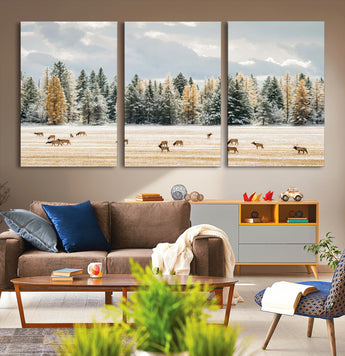 64188182-MGV-CV-36X24-Elk Herd Wall Art Canvas Print, Framed Snowy Forest Art Picture Print, Forest Elks Perfect Neutral Rustic Decor Artwork