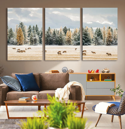 64188182-MGV-CV-36X24-Elk Herd Wall Art Canvas Print, Framed Snowy Forest Art Picture Print, Forest Elks Perfect Neutral Rustic Decor Artwork