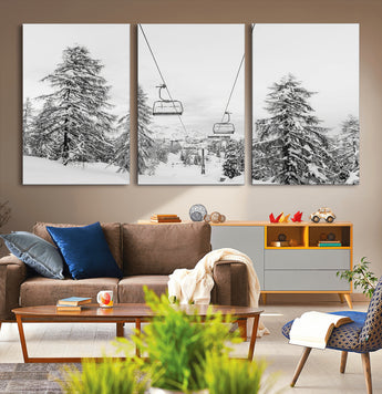 55003599-MGV-CV-36X24-Snowy Ski Lift Wall Art Canvas Print, Framed Winter Forest Art Picture Print, Ski lift Ride Perfect Winter Lodge Decor Artwork