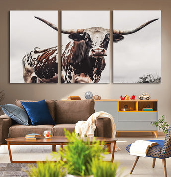 95249234-MGV-CV-36X24-Texas Longhorn Wall Art Canvas Print, Framed Spotted Bull Art Picture Print, Horned Cattle Perfect Rustic Farmhouse Decor Artwork