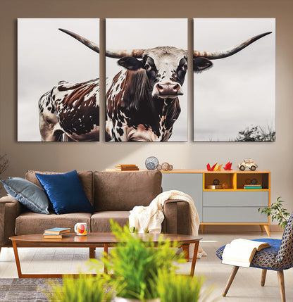 95249234-MGV-CV-36X24-Texas Longhorn Wall Art Canvas Print, Framed Spotted Bull Art Picture Print, Horned Cattle Perfect Rustic Farmhouse Decor Artwork