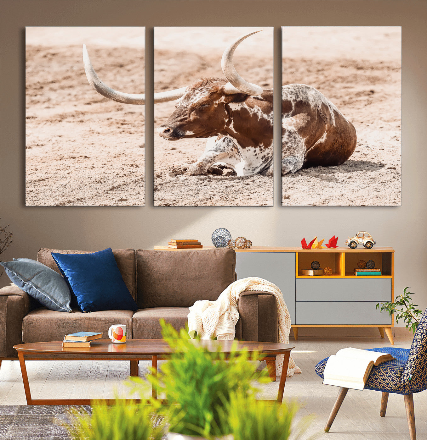 91248682-MGV-CV-36X24-Texas Longhorn Wall Art Canvas Print, Framed Resting Bull Art Picture Print, Spotted Cattle Perfect Rustic Western Decor Artwork
