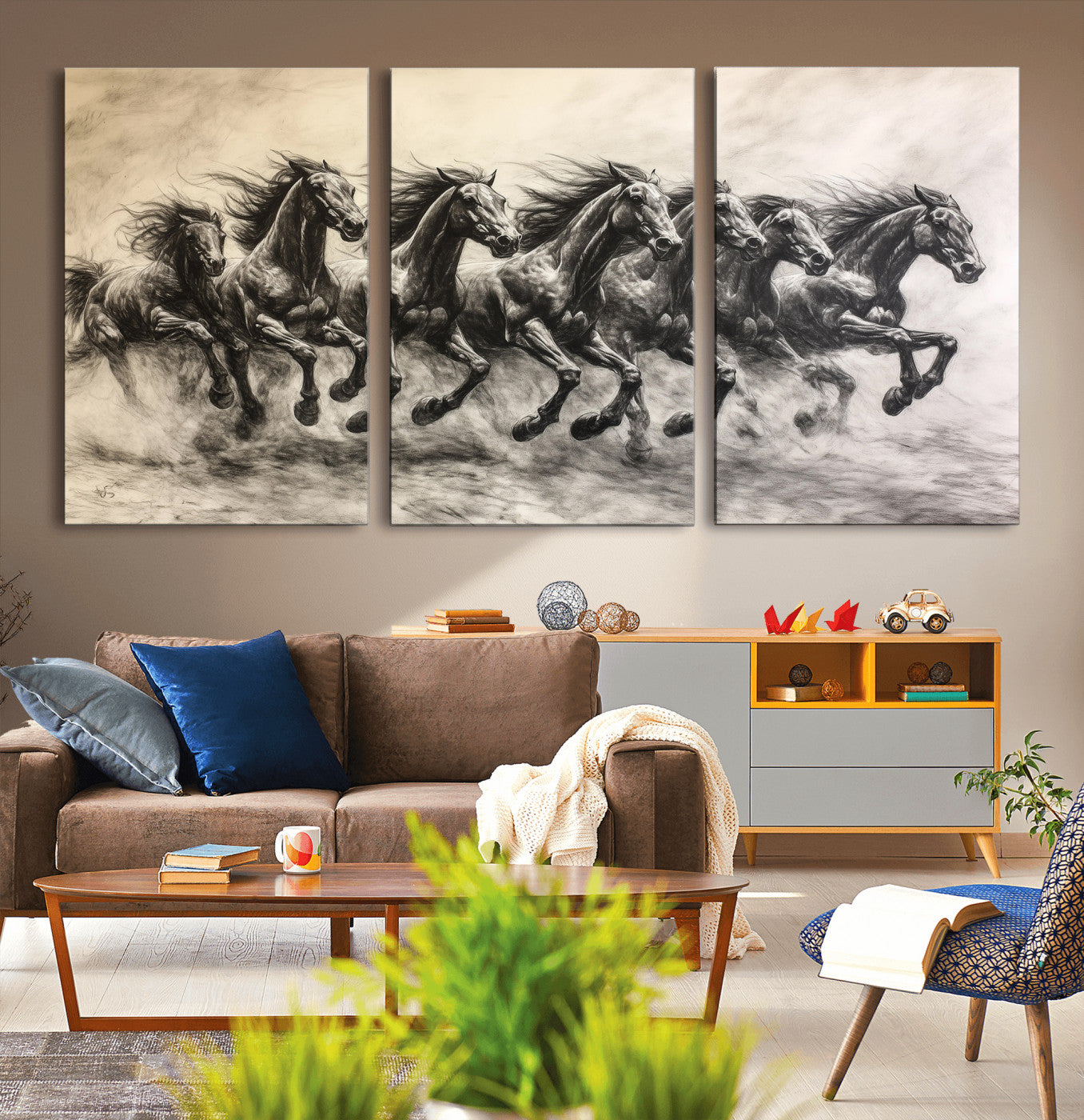 56089591-MGV-CV-36X24-Galloping Horses Wall Art Canvas Print, Framed Wild Stallions Art Picture Print, Horse Herd Sketch Perfect Monochrome Dynamic
