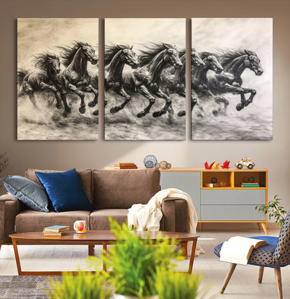 56089591-MGV-CV-36X24-Galloping Horses Wall Art Canvas Print, Framed Wild Stallions Art Picture Print, Horse Herd Sketch Perfect Monochrome Dynamic