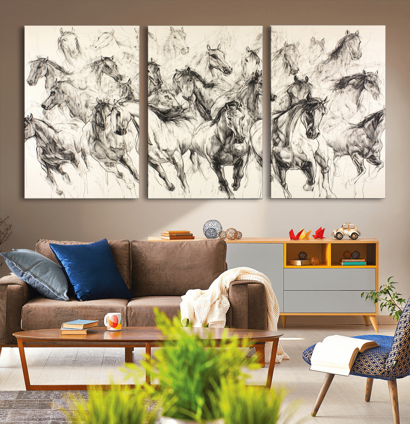 19433417-MGV-CV-36X24-Running Horses Wall Art Canvas Print, Framed Horse Sketch Art Picture Print, Galloping Herd Perfect Monochrome Western Decor