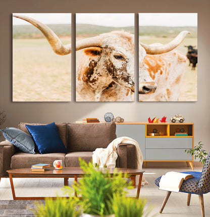 21060648-MGV-CV-36X24-Texas Longhorn Wall Art Canvas Print, Framed Speckled Cow Art Picture Print, Rustic Bull Perfect Rustic Western Decor Artwork