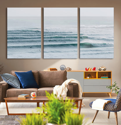 73969318-MGV-CV-36X24-Ocean Waves Wall Art Canvas Print, Framed Surfer Lineup Art Picture Print, Crowded Ocean Perfect Minimal Coastal Decor Artwork