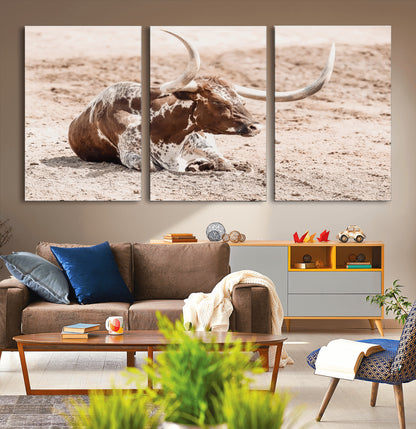25407592-MGV-CV-36X24-Texas Longhorn Wall Art Canvas Print, Framed Resting Bull Art Picture Print, Spotted Cattle Perfect Rustic Western Decor Artwork