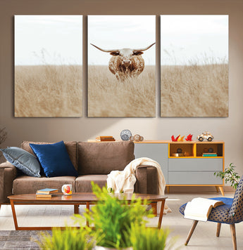 20927060-MGV-CV-36X24-Texas Longhorn Wall Art Canvas Print, Framed Lone Cattle Art Picture Print, Longhorn Bull Perfect Rustic Western Decor Artwork