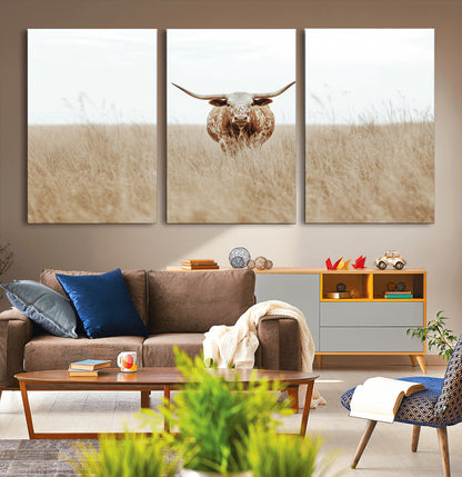 20927060-MGV-CV-36X24-Texas Longhorn Wall Art Canvas Print, Framed Lone Cattle Art Picture Print, Longhorn Bull Perfect Rustic Western Decor Artwork