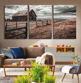 73898372-MGV-CV-36X24-Rustic Barn Wall Art Canvas Print, Framed Moody Field Art Picture Print, Weathered Fence Perfect Moody Farmhouse Decor Artwork