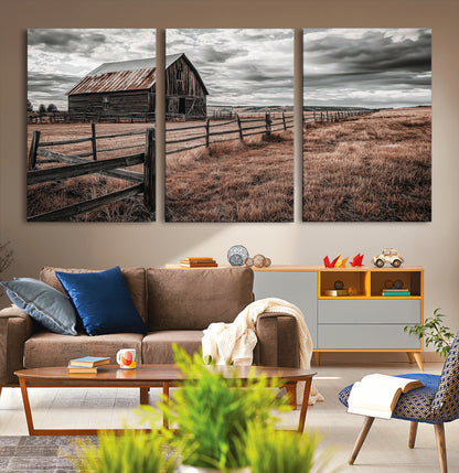 73898372-MGV-CV-36X24-Rustic Barn Wall Art Canvas Print, Framed Moody Field Art Picture Print, Weathered Fence Perfect Moody Farmhouse Decor Artwork