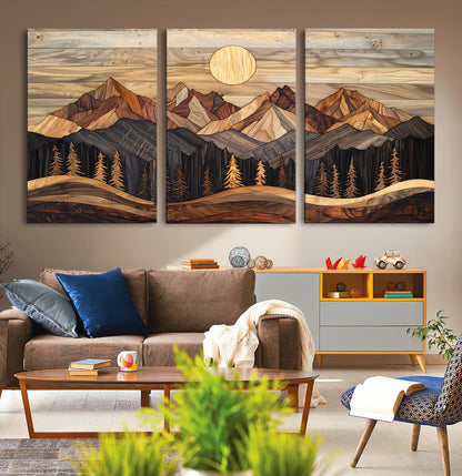50100230-MGV-CV-36X24-Wooden Mountain Wall Art – Rustic Nature Landscape Canvas Print, Handmade Style Sun, Forest, and Peaks Artwork for Living Room,