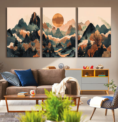 13012770-MGV-CV-36X24-Mountain Landscape Wall Art – Modern Nature Canvas Print with Sun, Misty Peaks, and Forest in Orange and Green Tones for Living
