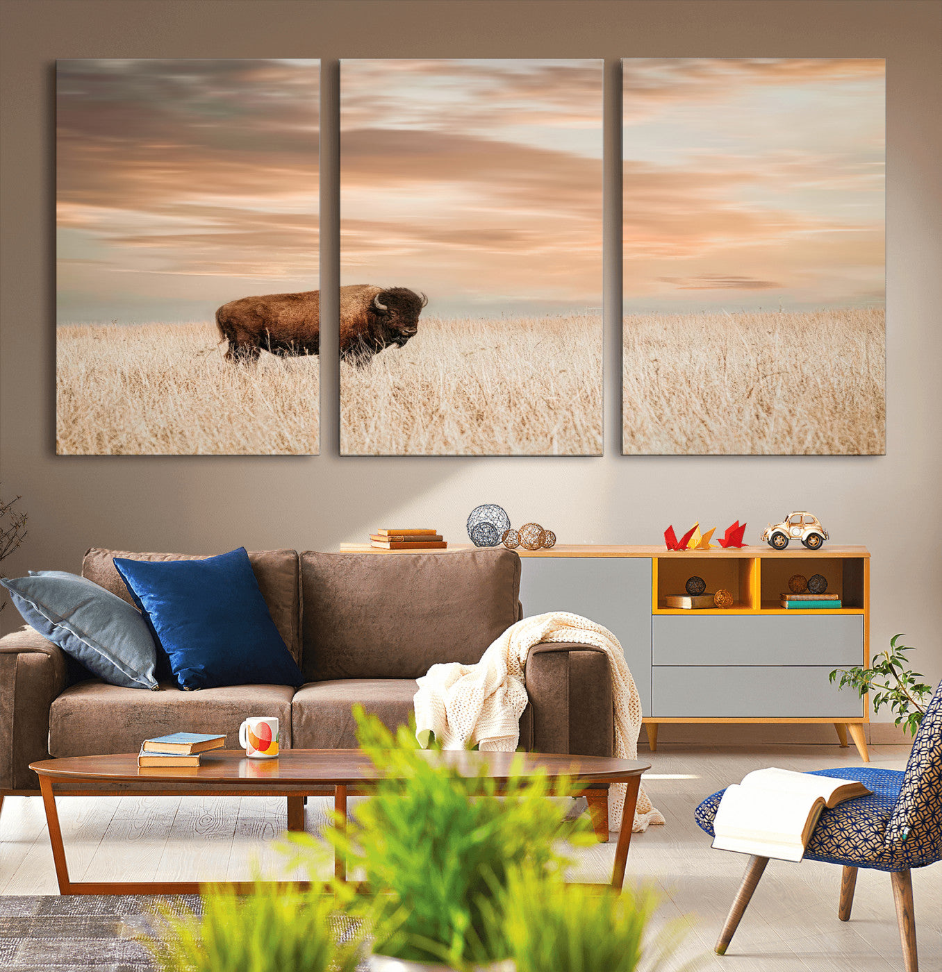 87282289-MGV-CV-36X24-Bison Wall Art Canvas Print, Framed Buffalo Art Picture Print, Western Prairie Perfect Rustic Decor Artwork