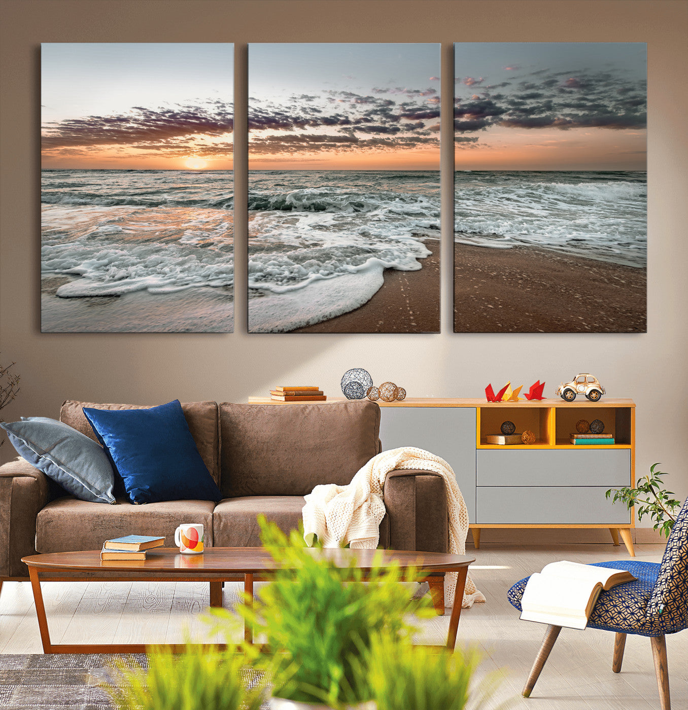 40632752-MGV-CV-36X24-Ocean Sunset Wall Art Canvas Print, Framed Beach Waves Art Picture Print, Coastal Scene Perfect Coastal Decor Artwork