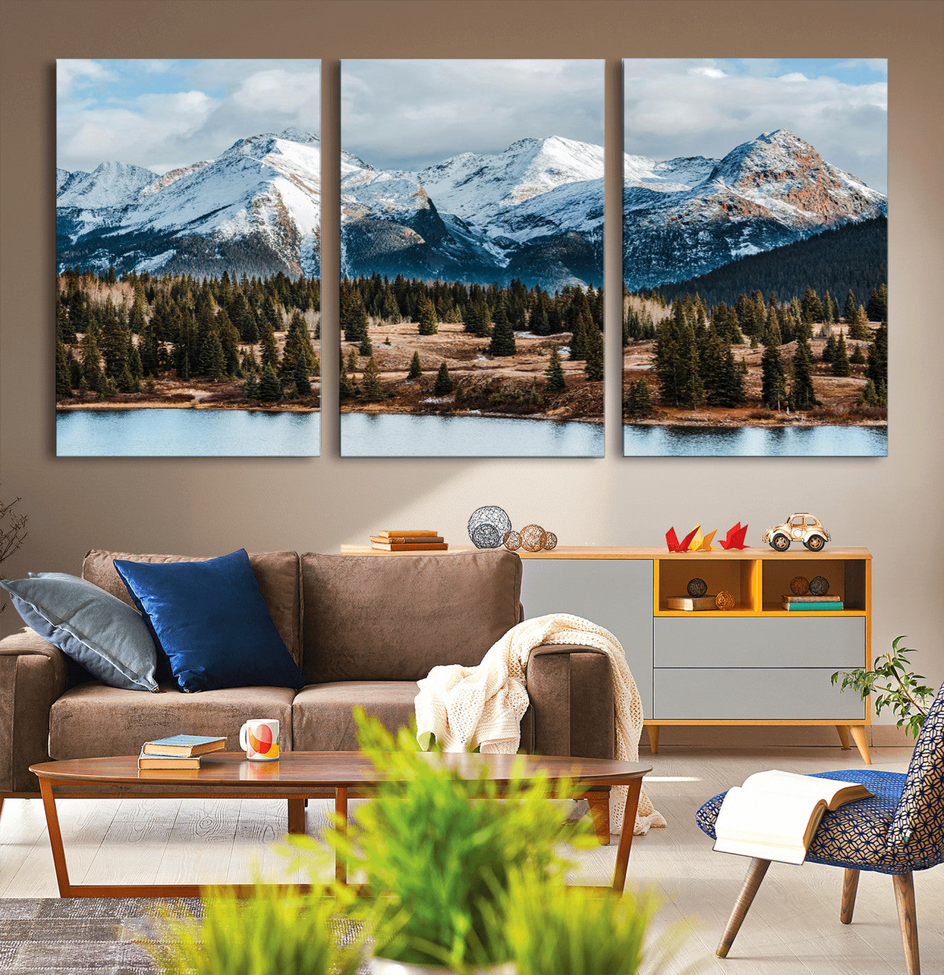 36247746-MGV-CV-36X24-Snowy Peaks Wall Art Canvas Print, Framed Alpine Lake Art Picture Print, Pine Forest Perfect Alpine Wilderness Decor Artwork