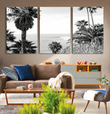 89458520-MGV-CV-36X24-Palm Trees Wall Art Canvas Print, Framed Coastal View Art Picture Print, Ocean Horizon Perfect Monochrome Coast Decor Artwork