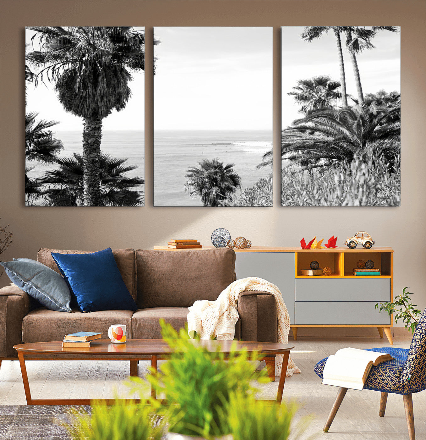89458520-MGV-CV-36X24-Palm Trees Wall Art Canvas Print, Framed Coastal View Art Picture Print, Ocean Horizon Perfect Monochrome Coast Decor Artwork