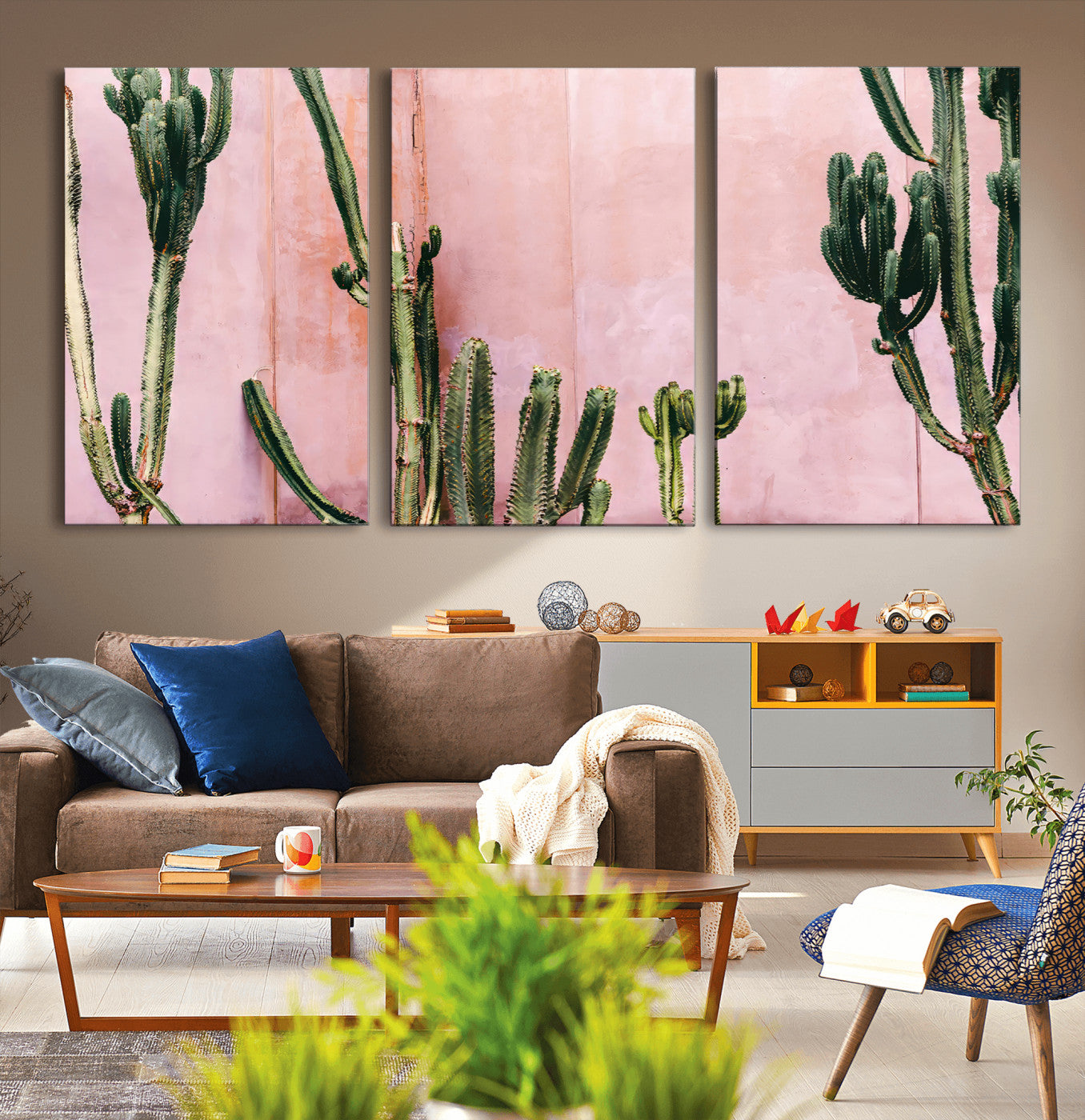 93119502-MGV-CV-36X24-Tall Cactus Wall Art Canvas Print, Framed Pink Wall Art Picture Print, Cactus Lines Perfect Modern Desert Decor Artwork