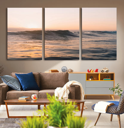 46299358-MGV-CV-36X24-Sunset Waves Wall Art Canvas Print, Framed Ocean Horizon Art Picture Print, Golden Water Perfect Golden Hour Coastal Decor Artwork