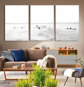 33449548-MGV-CV-60X30-3P-Group Surfers Wall Art Canvas Print, Framed Ocean Wave Art Picture Print, Surf Crowd Perfect Monochrome Surf Decor Artwork