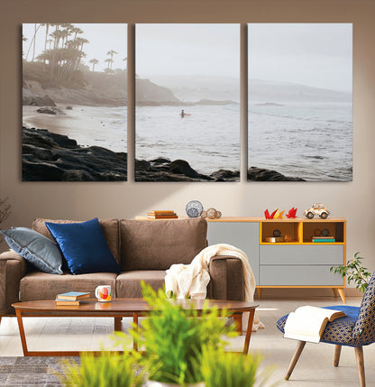 62501405-MGV-CV-36X24-Misty Beach Wall Art Canvas Print, Framed California Surfer Art Picture Print, Coastal Cliff Perfect Coastal Beach Decor Artwork