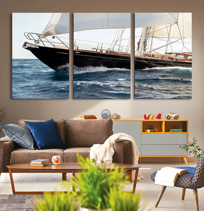 97168626-MGV-CV-36X24-Sailing Yacht Wall Art Canvas Print, Framed Wooden Yacht Art Picture Print, Ocean Waves Perfect Nautical Coastal Decor Artwork