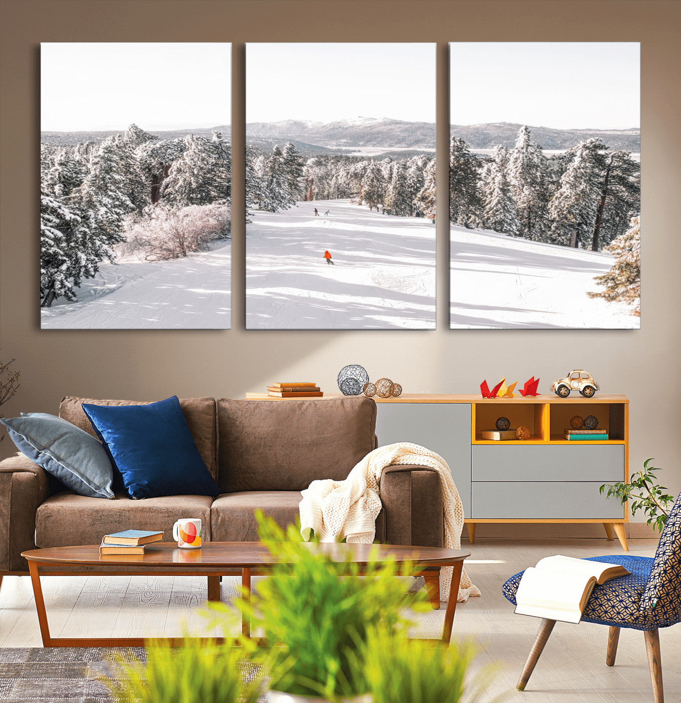 62119206-MGV-CV-36X24-Snowy Trail Wall Art Canvas Print, Framed Ski Slope Art Picture Print, Winter Pines Perfect Alpine Adventure Decor Artwork