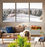 62119206-MGV-CV-36X24-Snowy Trail Wall Art Canvas Print, Framed Ski Slope Art Picture Print, Winter Pines Perfect Alpine Adventure Decor Artwork