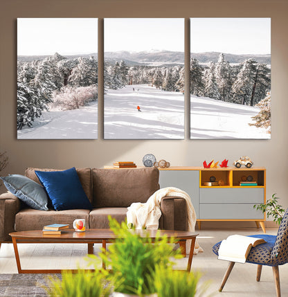 62119206-MGV-CV-36X24-Snowy Trail Wall Art Canvas Print, Framed Ski Slope Art Picture Print, Winter Pines Perfect Alpine Adventure Decor Artwork
