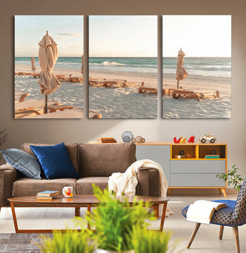 58507949-MGV-CV-36X24-Beach Umbrellas Wall Art Canvas Print, Framed Empty Loungers Art Picture Print, Soft Sand Perfect Minimalist Seaside Decor Artwork