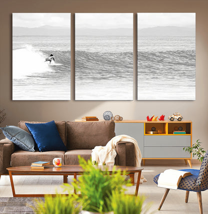 81535128-MGV-CV-36X24-Surfer Woman Wall Art Canvas Print, Framed Black Ocean Art Picture Print, Ocean Surfing Perfect Monochrome Coastal Decor Artwork