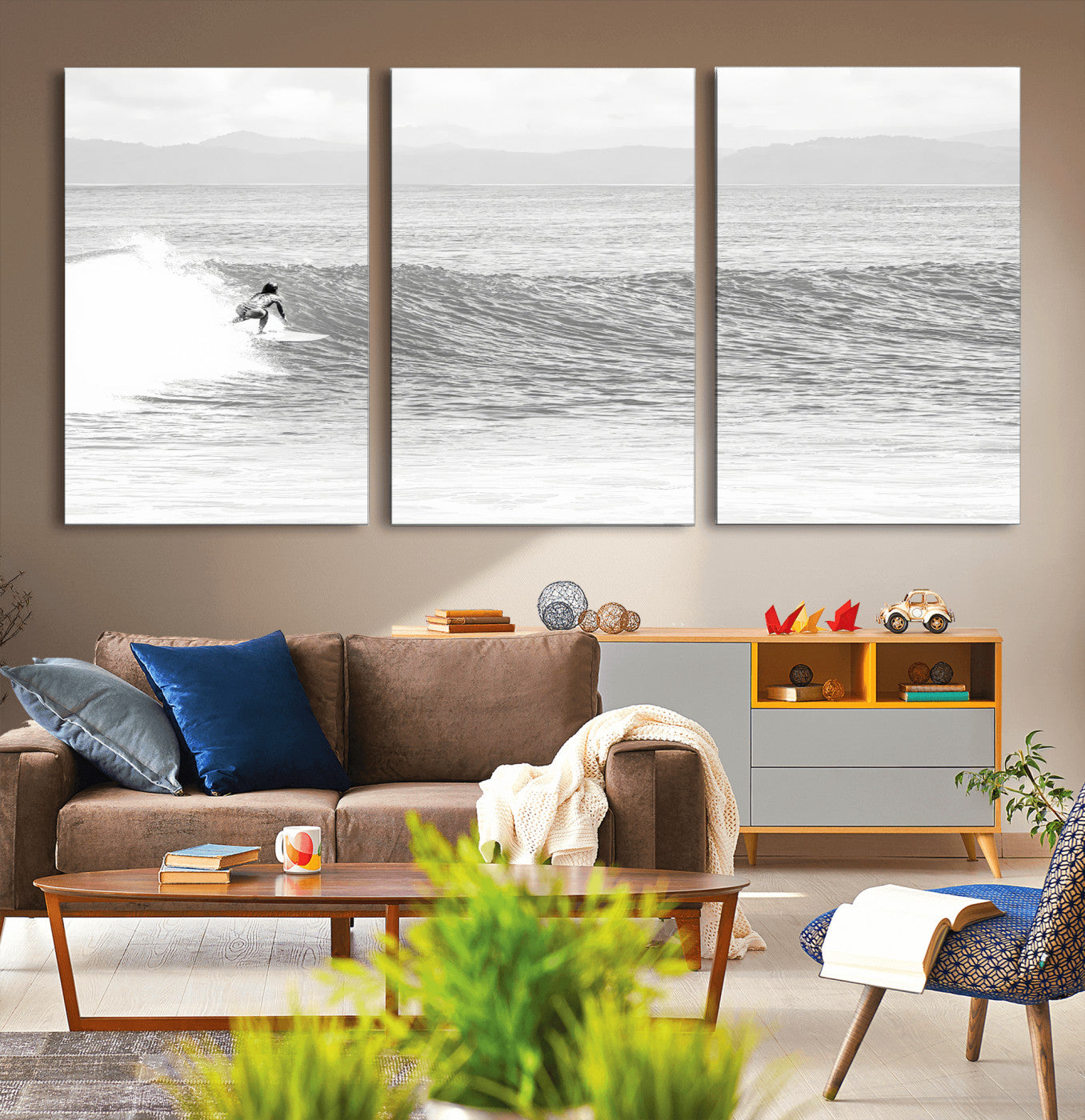 81535128-MGV-CV-36X24-Surfer Woman Wall Art Canvas Print, Framed Black Ocean Art Picture Print, Ocean Surfing Perfect Monochrome Coastal Decor Artwork