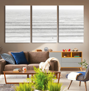 66534476-MGV-CV-36X24-Lone Surfer Wall Art Canvas Print, Framed Ocean Waves Art Picture Print, Minimal Sea Perfect Minimal Coastal Decor Artwork