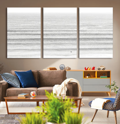 66534476-MGV-CV-36X24-Lone Surfer Wall Art Canvas Print, Framed Ocean Waves Art Picture Print, Minimal Sea Perfect Minimal Coastal Decor Artwork