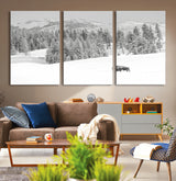 68081143-MGV-CV-36X24-Snowy Bison Wall Art Canvas Print, Framed Winter Forest Art Picture Print, Lone Bison Perfect Monochrome Winter Wild Decor Artwork