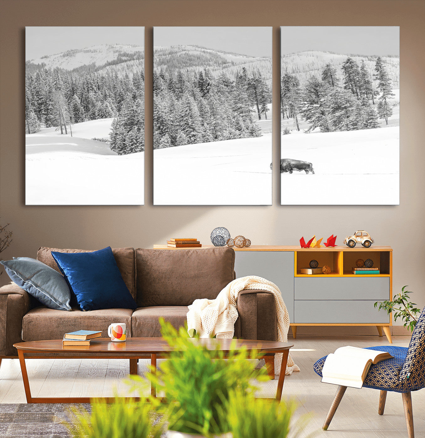 68081143-MGV-CV-36X24-Snowy Bison Wall Art Canvas Print, Framed Winter Forest Art Picture Print, Lone Bison Perfect Monochrome Winter Wild Decor Artwork