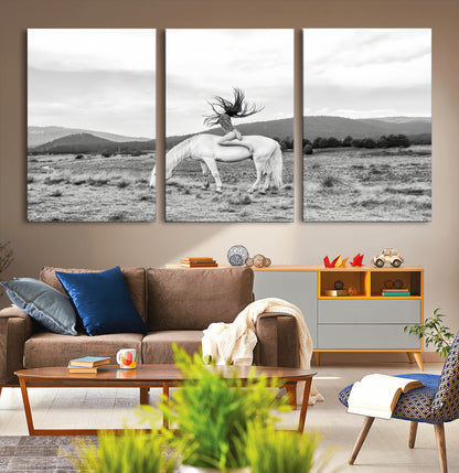 62789800-MGV-CV-36X24-White Horse Wall Art Canvas Print, Framed Woman Rider Art Picture Print, Equestrian Pose Perfect Western Boho Decor Artwork