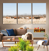 16563092-MGV-CV-36X24-Texas Longhorns Wall Art Canvas Print, Framed Western Cattles Art Picture Print, Rustic Herd Perfect Rustic Farmhouse Decor
