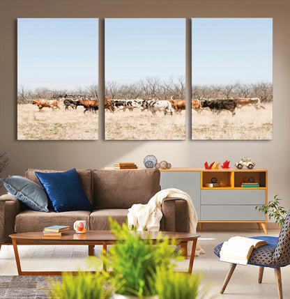 16563092-MGV-CV-36X24-Texas Longhorns Wall Art Canvas Print, Framed Western Cattles Art Picture Print, Rustic Herd Perfect Rustic Farmhouse Decor