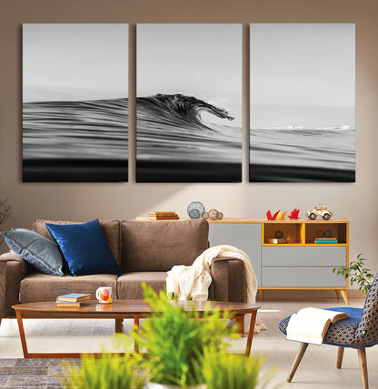 24029476-MGV-CV-36X24-Black Wave Wall Art Canvas Print, Framed Abstract Surf Art Picture Print, Minimalist Ocean Perfect Minimalist Coastal Decor