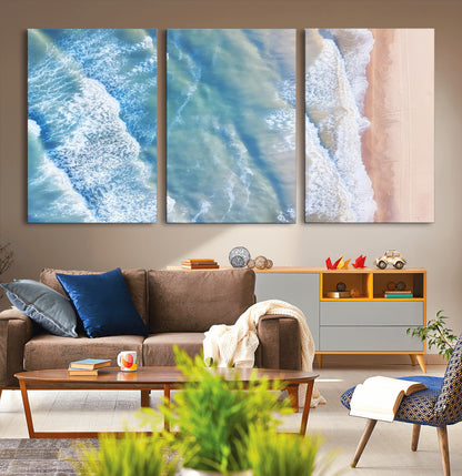 17641845-MGV-CV-36X24-Aerial Ocean Wall Art Canvas Print, Framed Blue Waves Art Picture Print, Sandy Shoreline Perfect Modern Coastal Decor Artwork
